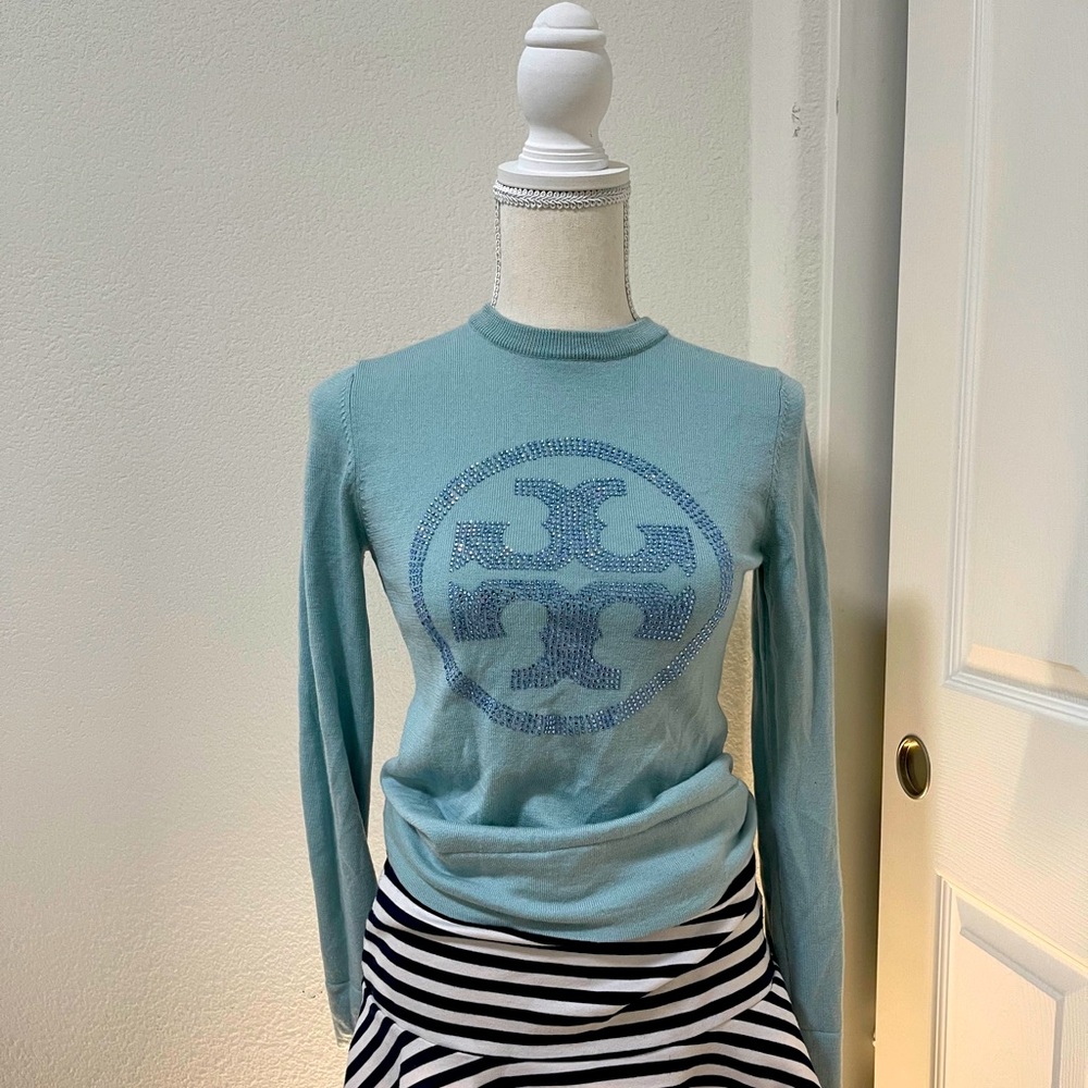 Tory Burch Blue Wool Sweater with Rhinestone Logo